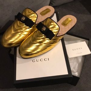 GUCCI Gold Princetown Quilted Mules